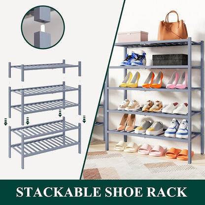 Smiry Small Bamboo Shoe Rack, 6 Tier Free Standing Wooden Shoe Organizer, Stackable Wood Shoe Storage Shelf for Closet, Entryway, 14 Vertical Slats, 2+2+2 Stack Thicker Legs, 17.3"x11"x39", Grey