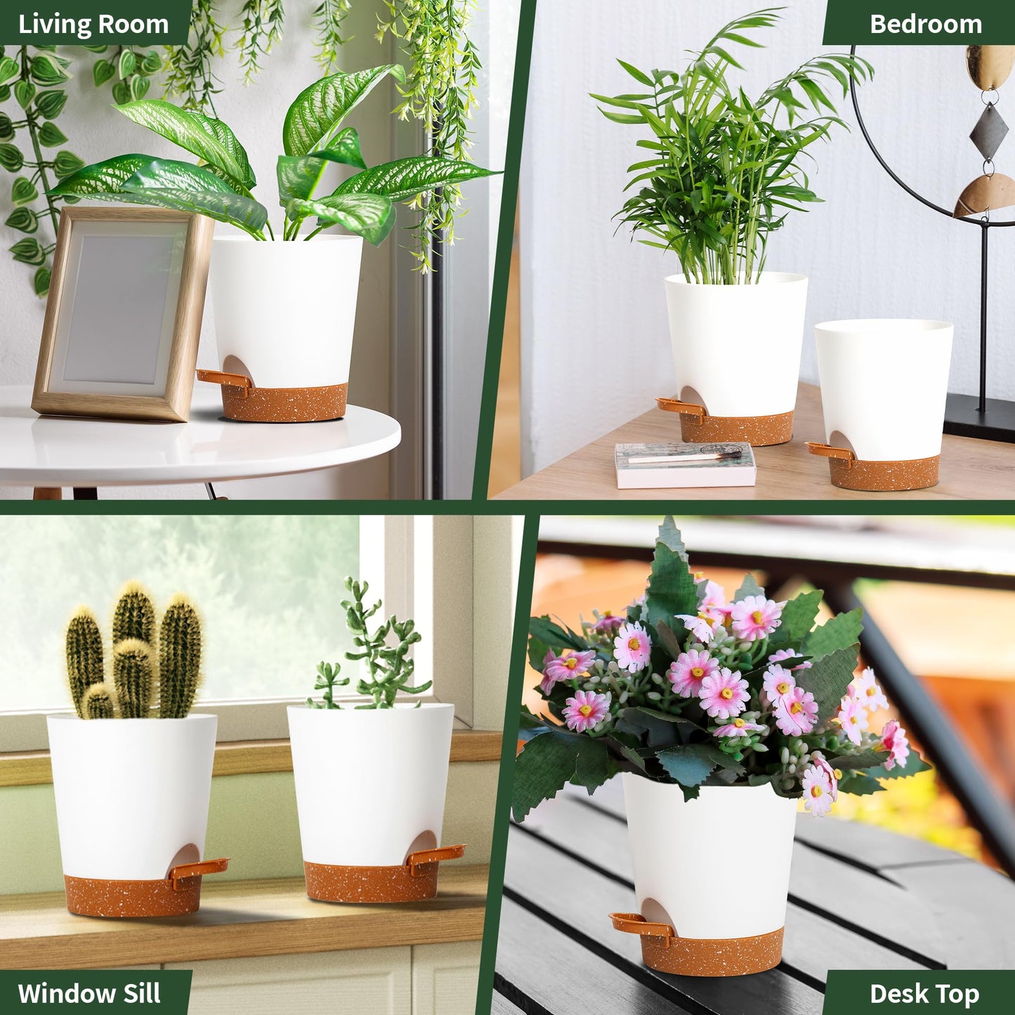 Lotyeter 4 inch Small Plant Pots for Outdoor Indoor Plants, 5 Pack Planters with Drainage Holes and Tray, Small Self Watering Pots for Succulent,Cactus, Aloe and Other Plants (White)