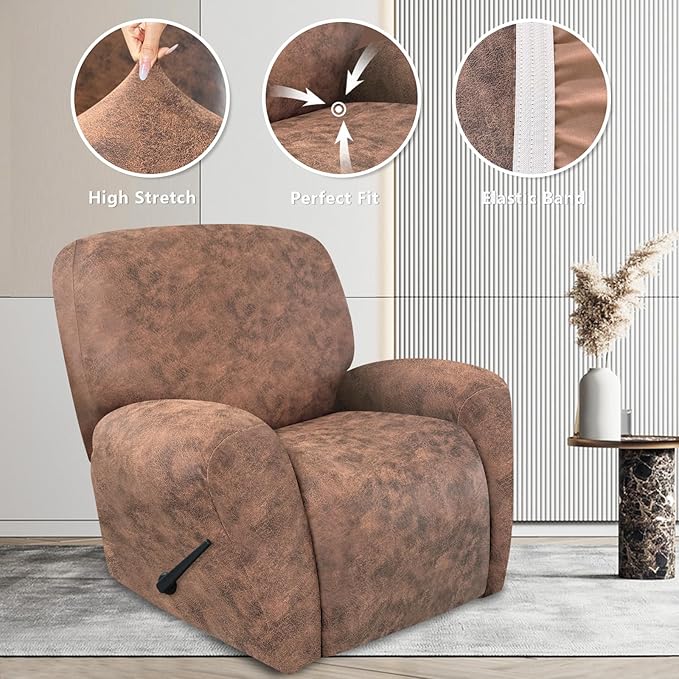 ANARACHON Recliner Chair Covers Leather Look, 4 Pieces Recliner Covers Non Slip