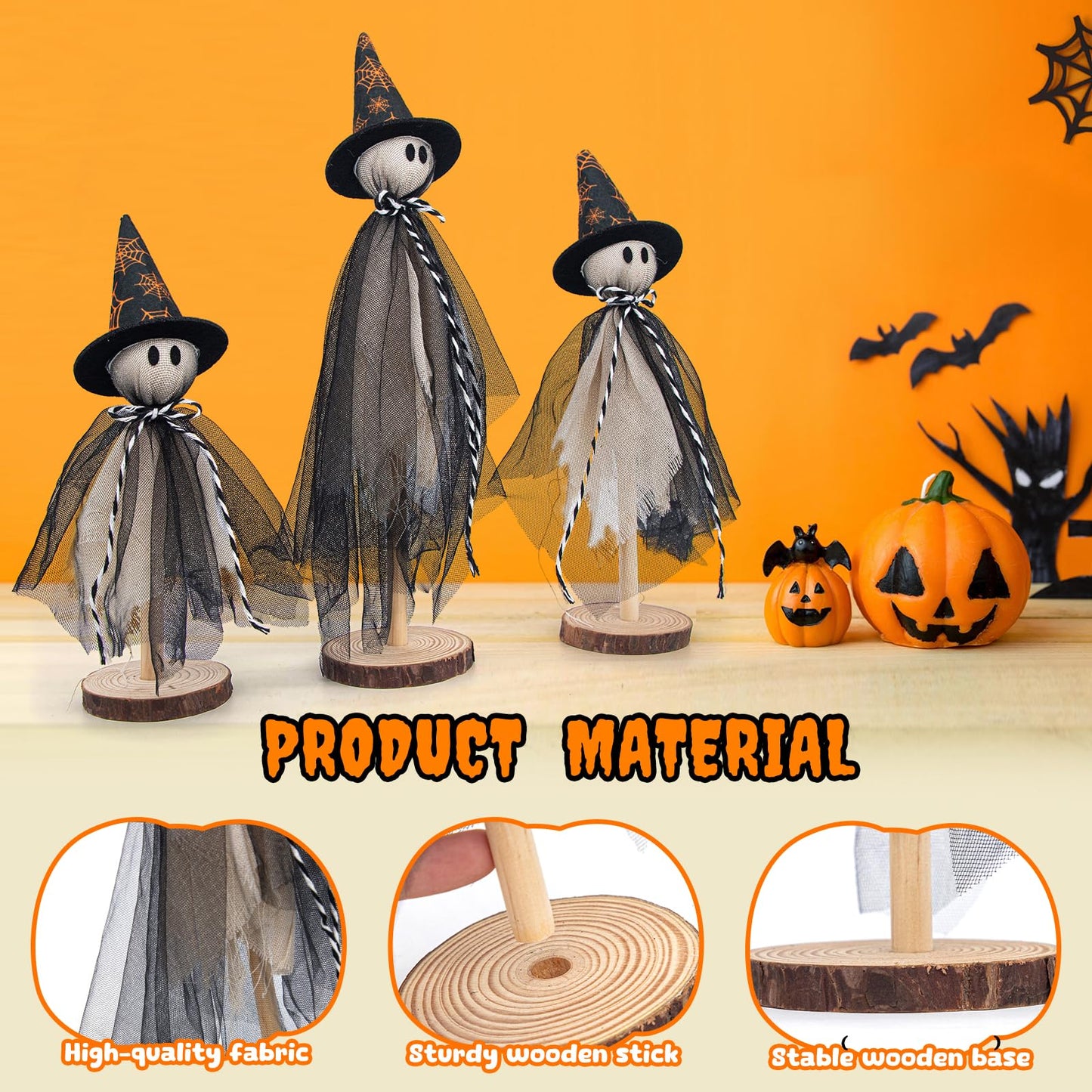 Halloween Decorations Ghost Shelf Sitters – Set of 3 Wooden Halloween decor with Witch Hats – Fabric Ghost Figures with Spiderweb Design – Table Decor for Tiered Tray, Mantel, Party Supplies(Black)