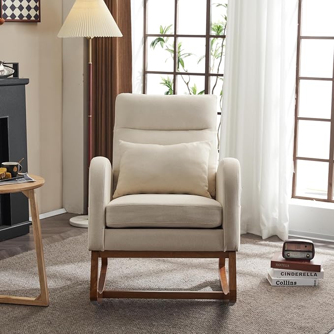 VINGLI Beige Linen Nursery Rocking Chair