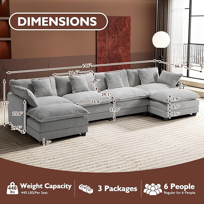 Ihanherry 146" U-Shaped Modern Sofa Modular Sectional Cloud Couch