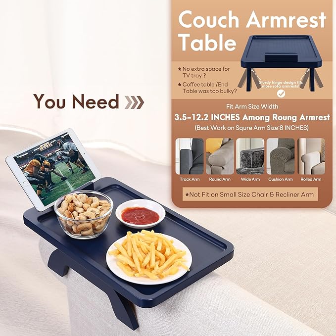SINWANT Couch Armrest Table, Bamboo Couch Arm Table 360° Phone Holder, Foldable