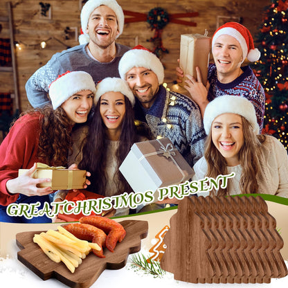 Teenyyou 12 Pcs Christmas Tree Cutting Boards Gift with Cheese Knives Bulk Xmas Charcuterie Board for Kitchen Wooden Bread Serving Tray Platters for Holiday Party Decoration(Acacia Wood)