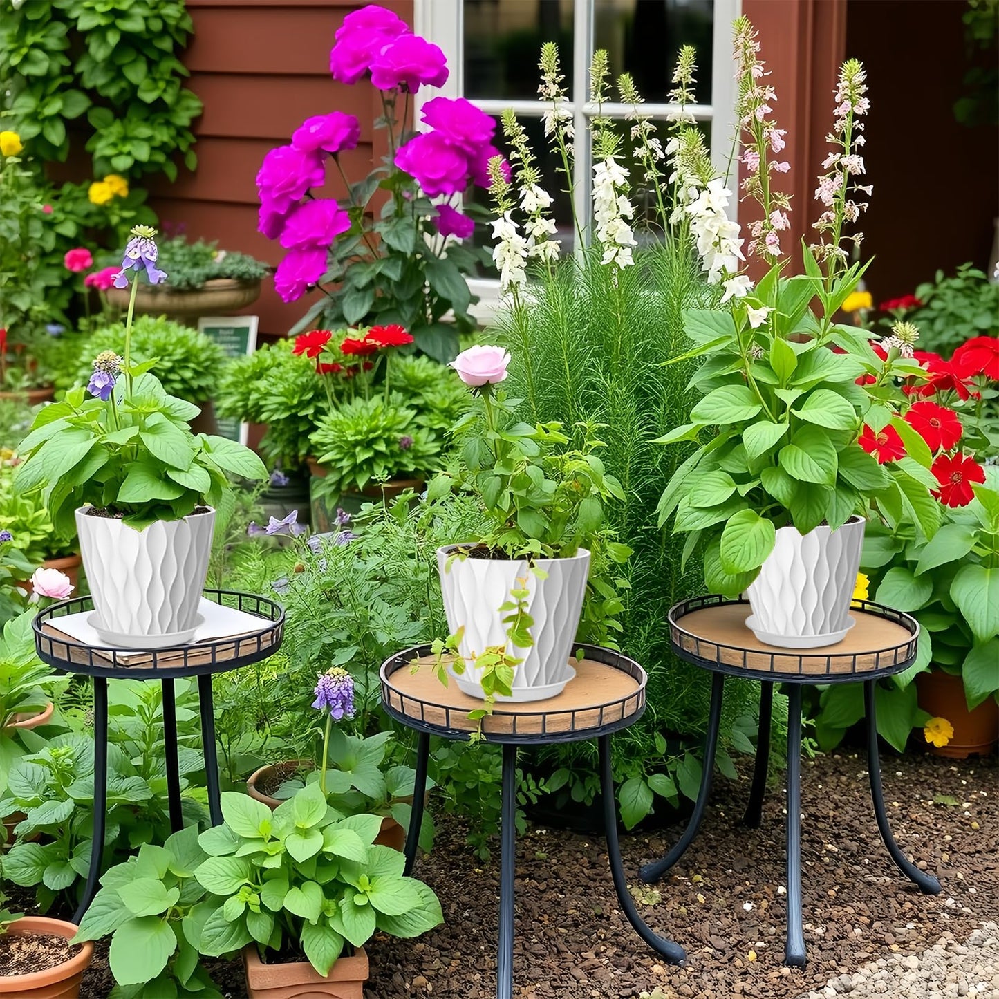 zople 6 Pack 7 Inch Plant Pots with Drainage and Saucers, White Plastic Flower Pots for Indoor and Outdoor Plants, Stackable Nursery Planters for Houseplants and Herbs, White