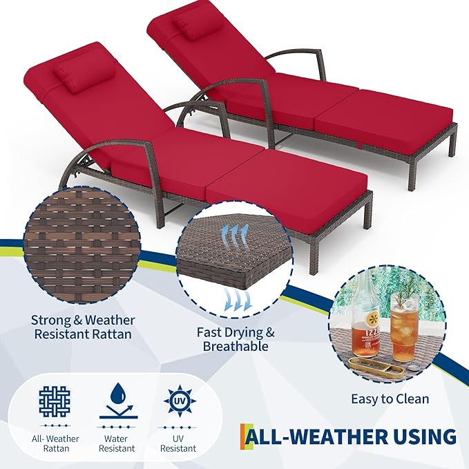 GarveeLife 2-Piece Rattan Patio Folding Chaise Lounge, 5-Position Adjustable