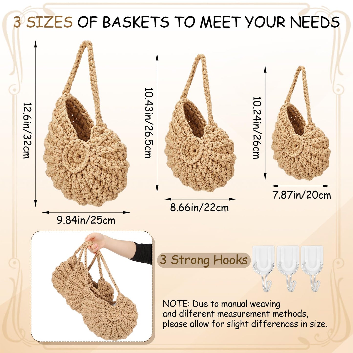 Qinyoung 3 Pack 14" 12" 10.5" Conch Wall Hanging Baskets for Kitchen Fruit Baskets with 3 Hooks Boho Decor Conch HangingWall Kitchen Storage for Fruits Vegetables Onions Potatoes