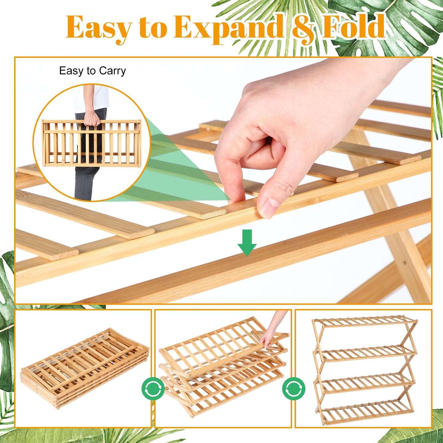 Leinuosen 4 Tier Wooden Plant Stand 27" x 27" x 10" Foldable Bamboo Display Rack Organizer Multiple Plant Shelf Flower Pot Holder Lightweight Portable Bamboo Shelf for Picnic Garden Patio Indoor