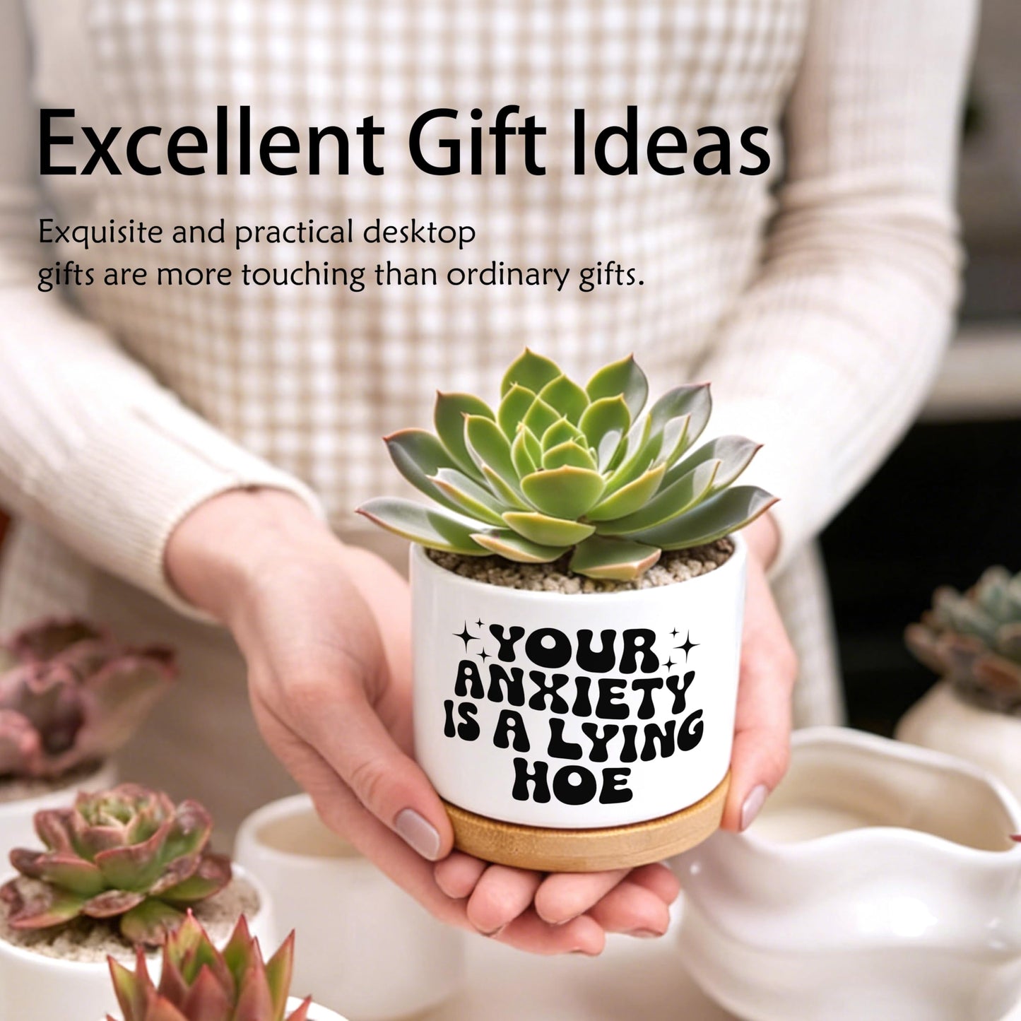 EVIHCG Funny Mental Health Planter Pots, Anti Anxiety Gifts for Women, Your Anxiety is Lying Inspirational Ceramic Succulent Plant Flower Planters for Home Office Desk Table Shelf(No Plants)