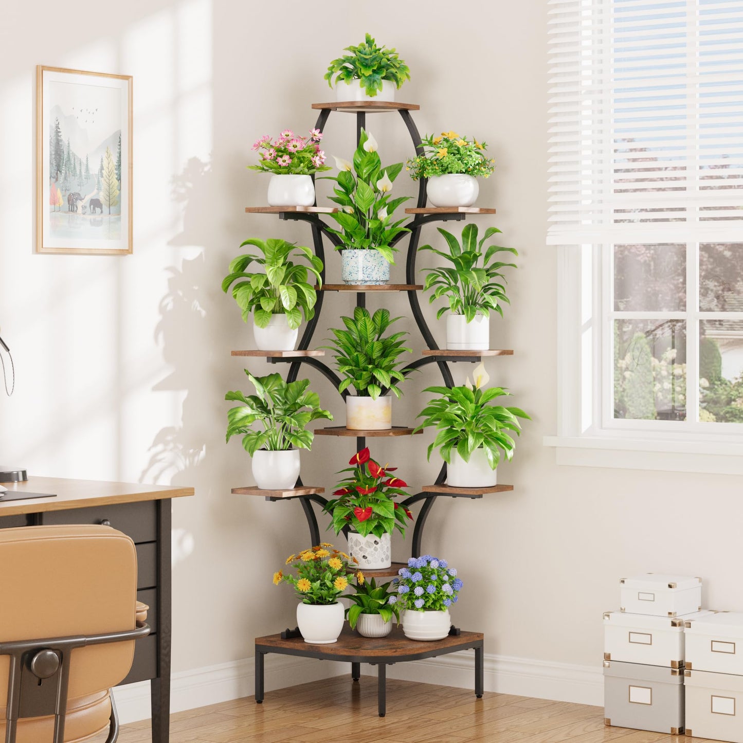 LATIBELL 72'' Tall Corner Plant Stand Indoor with Grow Light - 11 Tiered Metal Plant Shelf for Indoor Plants, Curved Display Rack Capable of Holding Large Pots in Living Room, Patio & Balcony, Black