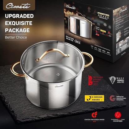 Ciwete Stock Pot 12 Quart, 18/10 Tri-Ply Stainless Steel Whole Clad Stock Pot with Lid, Seamless 12 QT Cooking Pot with Copper Handle, Healthy Stockpots, Induction, Gas, Oven and Dishwasher Safe