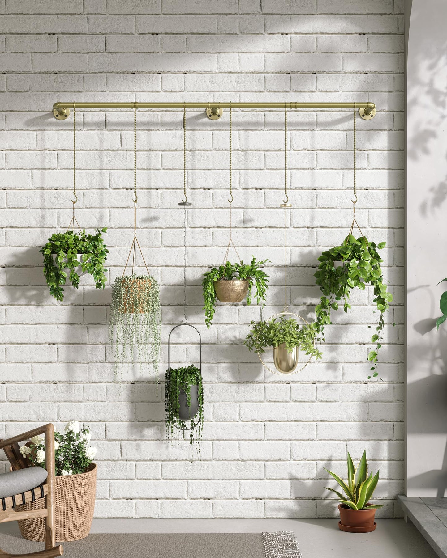 SOFITORG Plant Haning Rod, Hanging Planters for Indoor Plants with 6 Chains, Wall Plant Hanging Bar for Window Celling, 65.7 Inch, Metal Gold, Pots Not Included