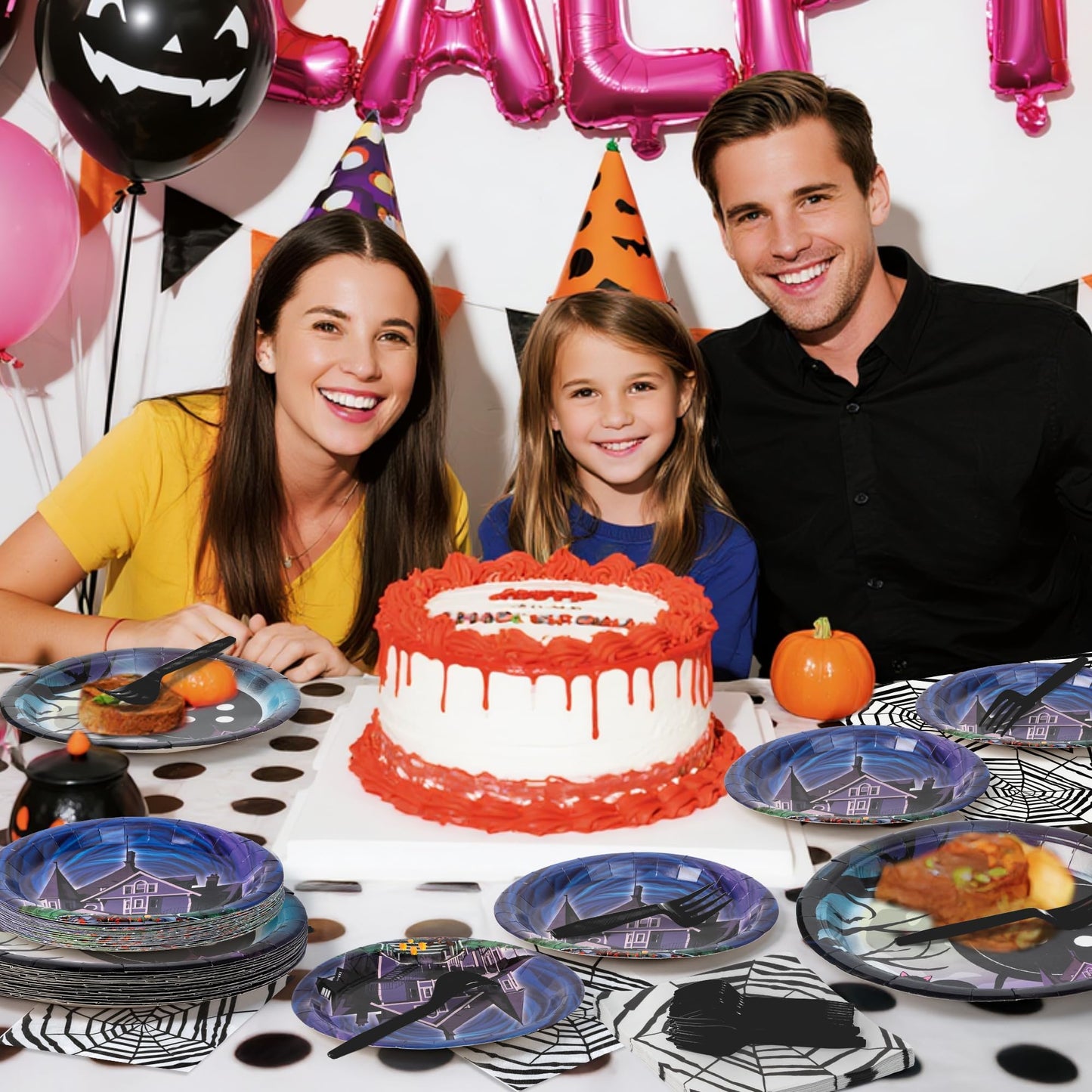 BOpusail 96P Starry Night Ghost House Party Tableware Set, Party Supplies for Kids Birthday School Spooky Night Theme Serves 24 Guests, Disposable Dinnerware Paper Dessert Dinner Plates Napkins Forks