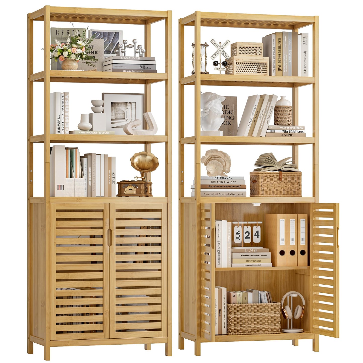 HIFIT 2 Set Tall Shelf Unit Bamboo Storage Cabinet with Doors, 5-Tier Bookshelves and Bookcases with Storage and Display, 67" Tall Cabinet w/Plant Stand for Bathroom,Living Room,Kitchen Dining,Balcony