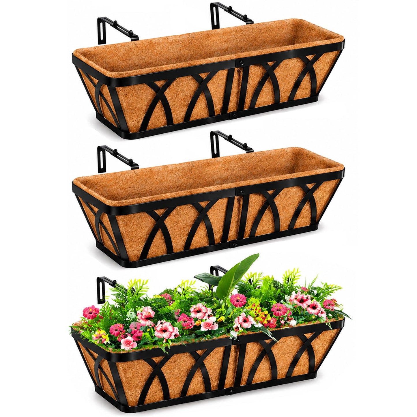 LCHUANG Deck Railing Planter Window Box - 3 Pack 24 Inch Deck Balcony Rail Planter with Coconut Coir Liner, Fence Metal Hanging Flower Planter Basket Deck Railing Planter Boxes for Outdoor Lawn