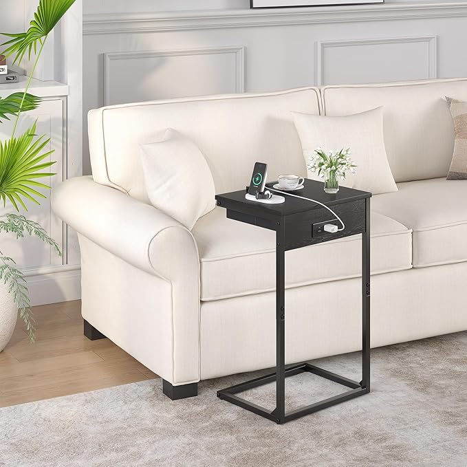 sthmec C Shaped End Table with Charging Station, 45° Tiltable Adjustable Flip