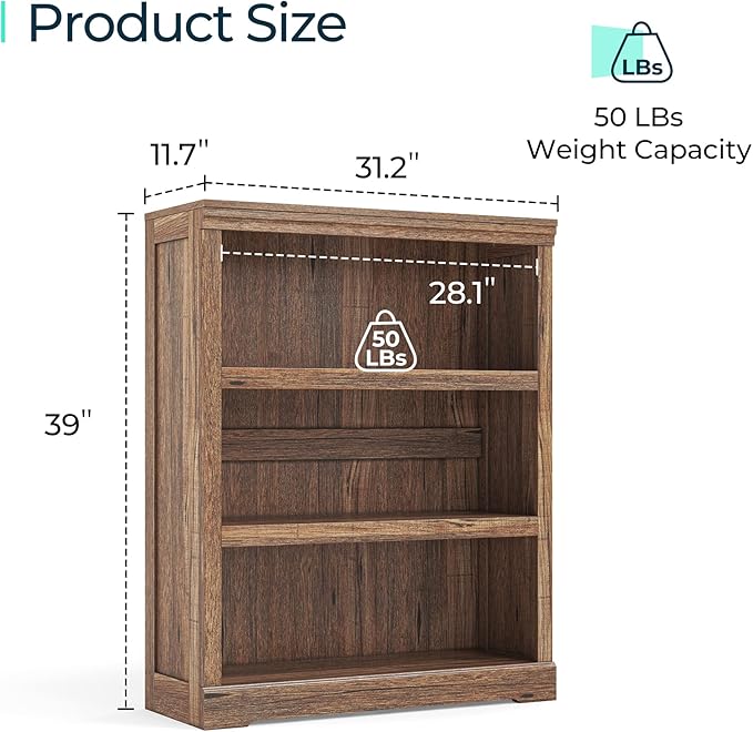 LINSY HOME 3-Tier Bookshelf Display Storage Shelves Farmhouse Bookshelf