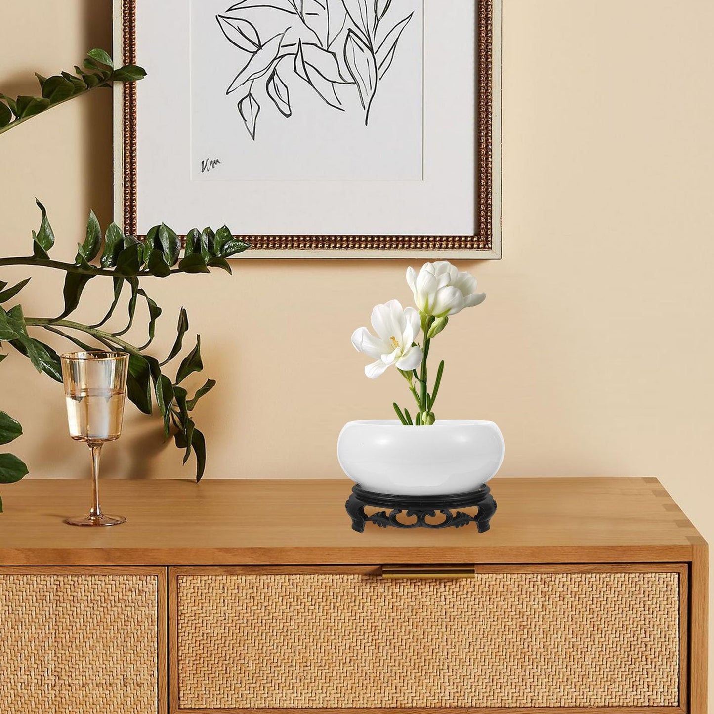 YARNOW Lotus Bowl Planter with Stand - 6.3 Inch White Ceramic Hydroponic Bowl for Water Lily, Daffodil & Bonsai - No Drainage Hole Decorative Indoor Plant Pot for Home Garden Office Zen Decor