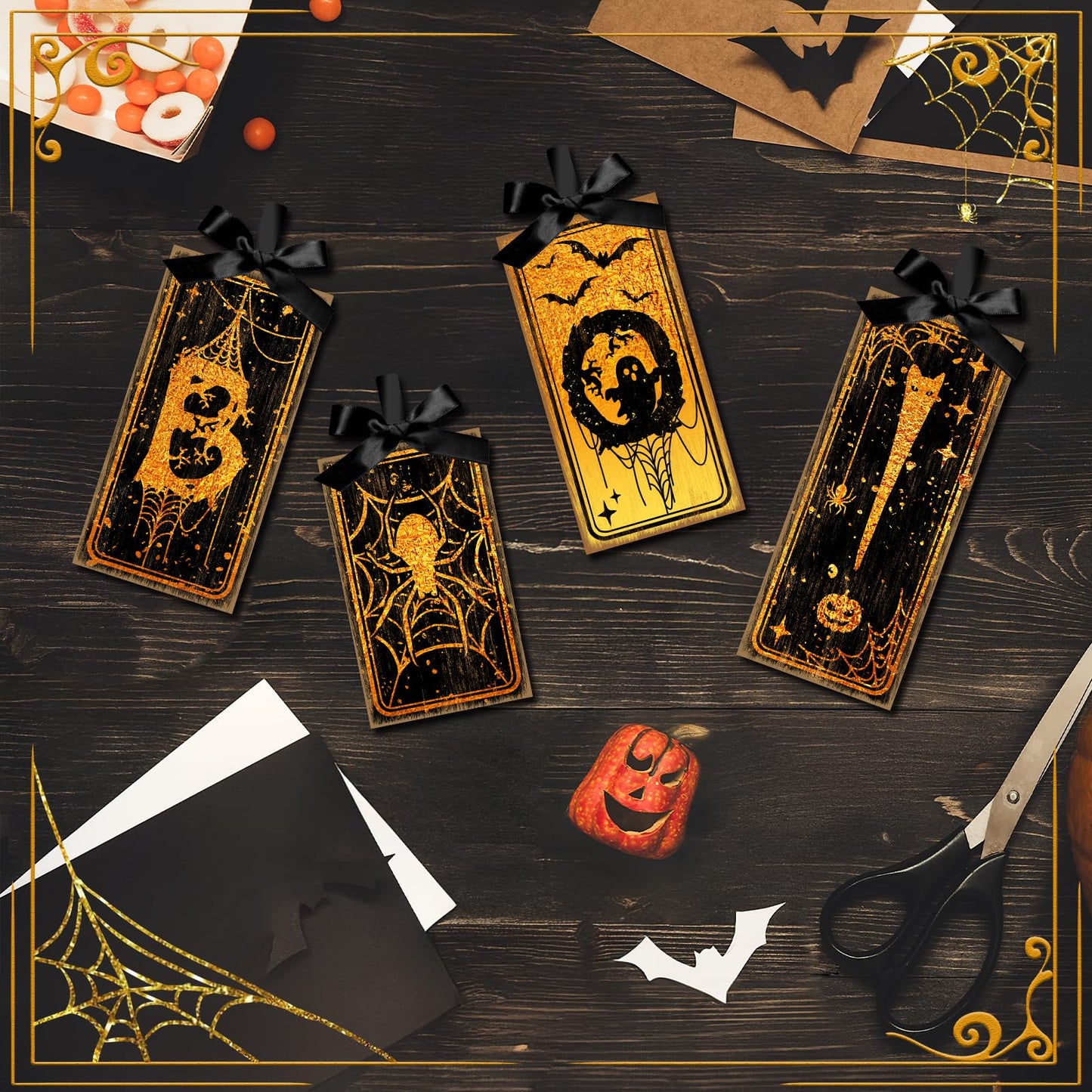 4 Pcs Boo Halloween Sign Wooden Tiered Tray Decor, Spider Ghost Black and Gold Table Decor Farmhouse Rustic Halloween Decorations Party Tabletop Centerpieces for Home Kitchen Indoor Mantel