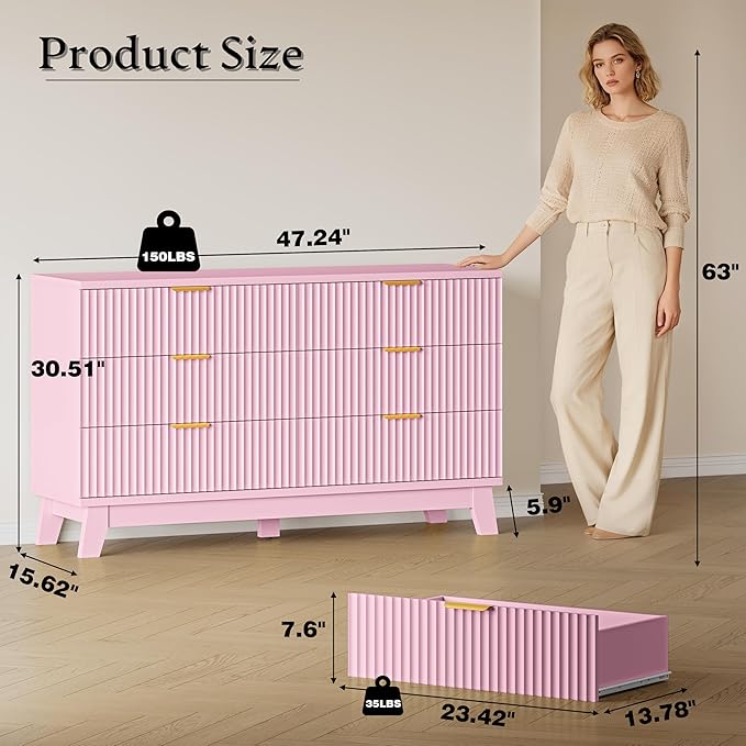 BORNOON Fluted 6 Drawer Dresser, 47.2" Wide Modern Boho Chest of Drawers