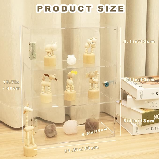 Acrylic Display Case with Lock Key, 3 Shelf Locking Countertop Display Case