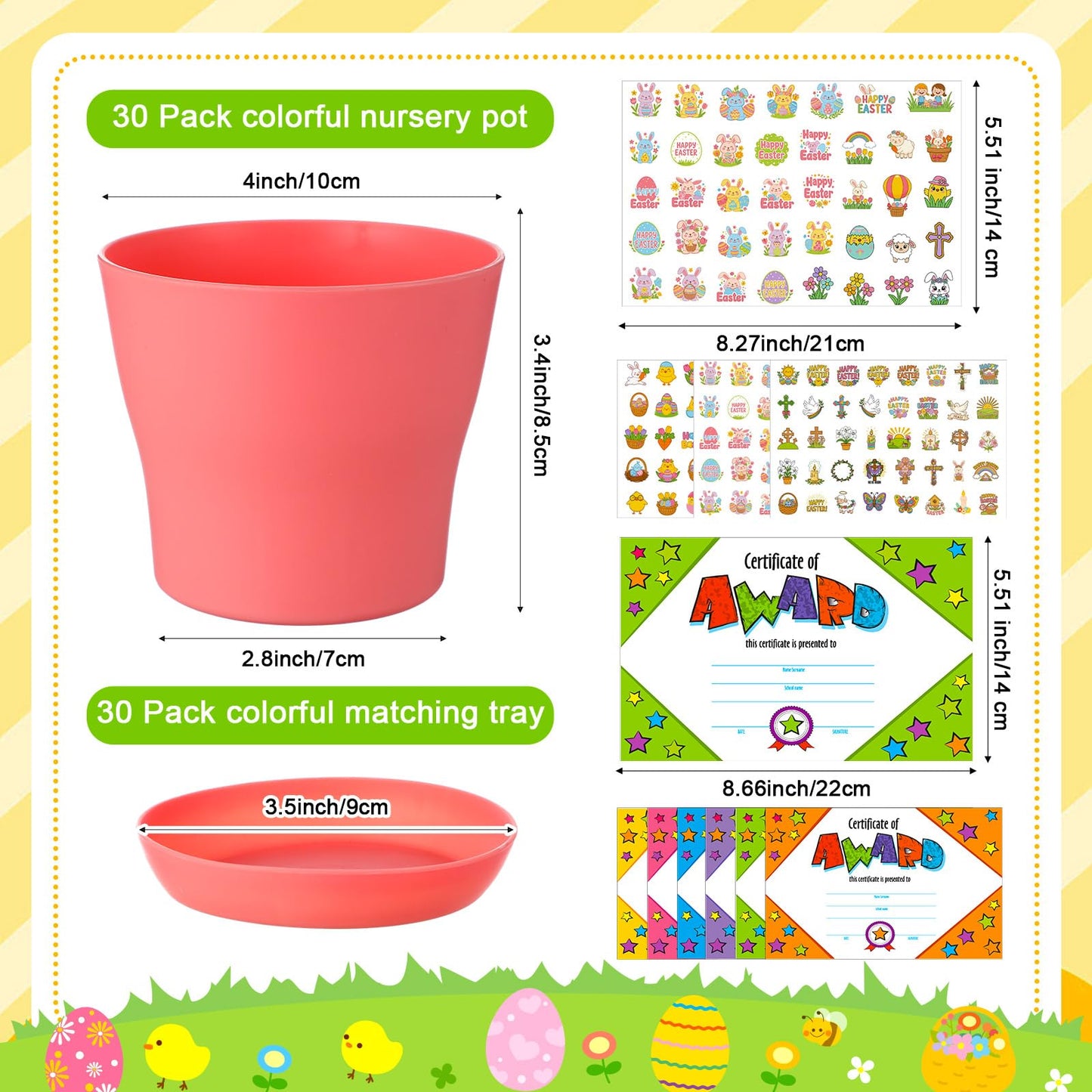 Domensi 30 Pack Garden Pot Craft Kit 4 Inch DIY Religious Crafts for Kids Bulk Small Plastic Spring Flower Plant Pot Plastic Planter with Tray Drainage Holes with Tag, Certificate of Award, Sticker