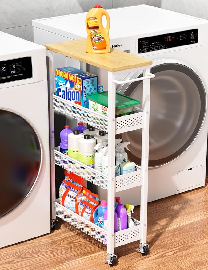 OKZEST Utility Slim Storage Cart, 4 Tier Small Rolling Kitchen Laundry Room Cart