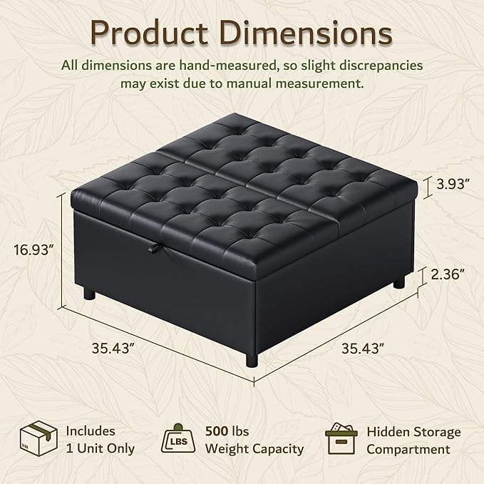 LINLUX Extra Large Leather Storage Ottoman, 35.5 Inch Large Square Lift Top