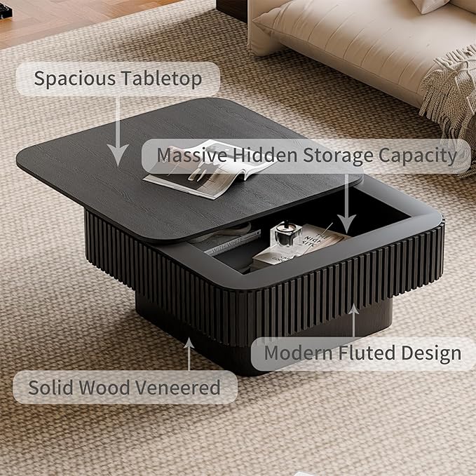 Square Coffee Table for Living Room, Fluted Drum Accent Tea Center Table