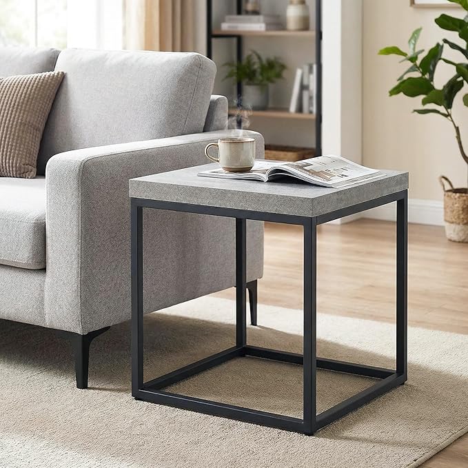CENSI Modern Grey Square End Table, Extra Thick 1.6" Wood Top & Metal Frame