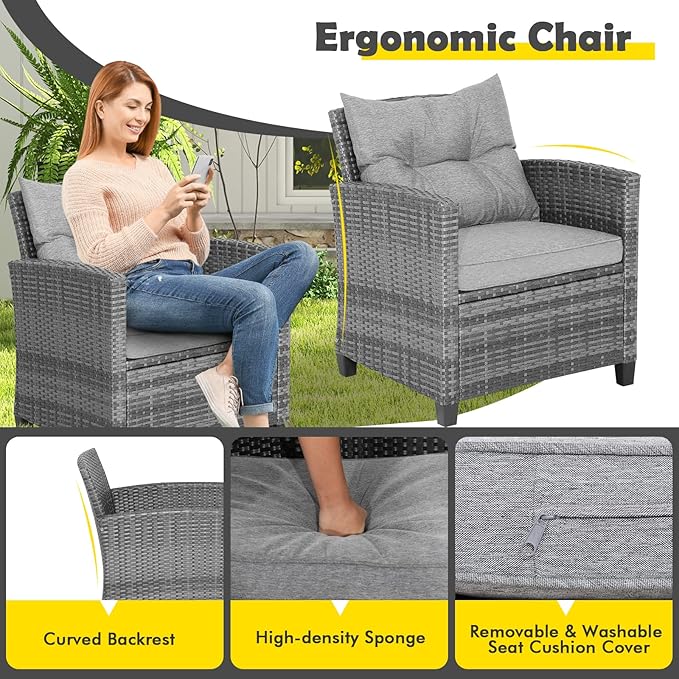 COSTWAY 3-Piece Patio Furniture Set, Outdoor Wicker Rattan Sofa