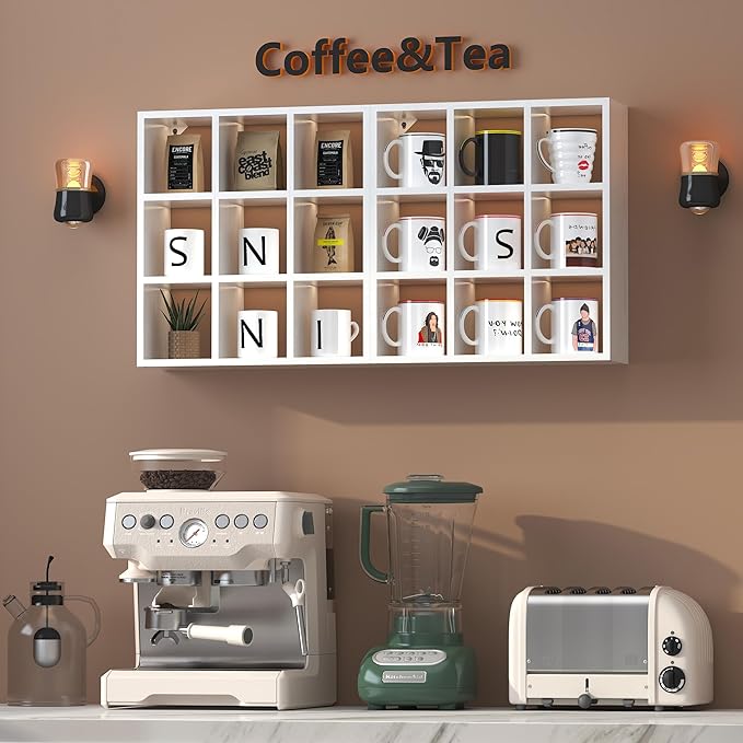 Helsin 9 Grid Vintage Coffee Mug Display Rack, 16inch Wall Mounted Wooden Curio