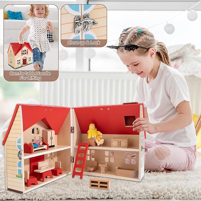 Foldable Wooden Dollhouse with 13PCS Furniture, 4 Rooms and 2 Flexible Dolls