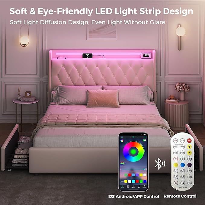 Full LED Velvet Bed Frame with 2 Storage Drawers&Hidden Headboard, Upholstered