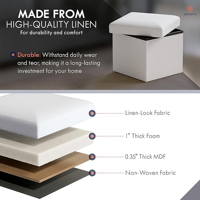 Ornavo Home Small Storage Ottoman Foldable Collapsible Cube Square Linen