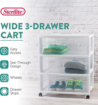Sterilite 4 Pack Wide 3 Drawer Storage Cart, Plastic Organizer with Wheels, White - Multipurpose Bin for Clothes, Accessories, or Home Accessories