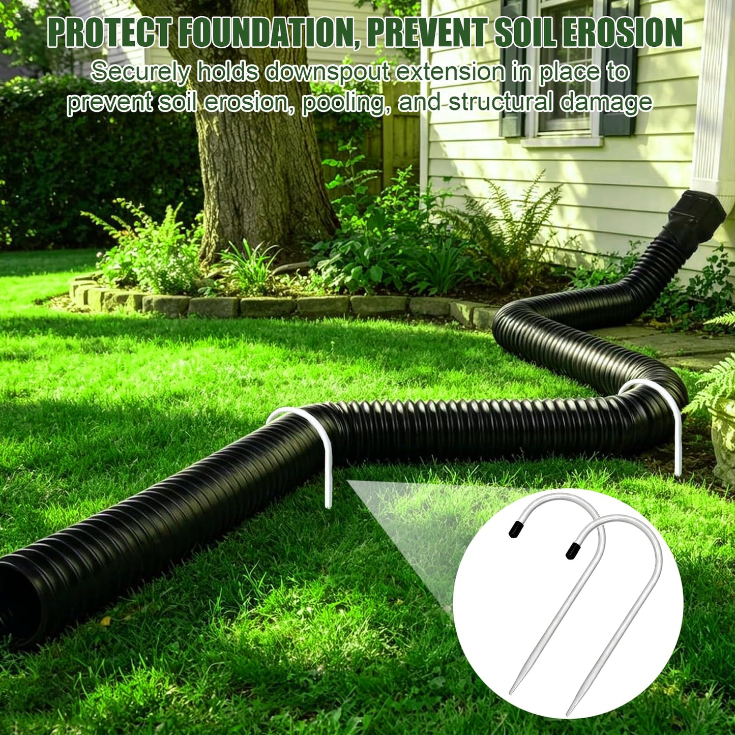 Chiliqi 2 Pack Rain Gutter Downspout Extension Fixing Pin, U-Shape Downspout Anchor Stake Fit 4" Round Downspout Extensions, Easy to Install for Efficient Rainwater Management (White-2 Pack)