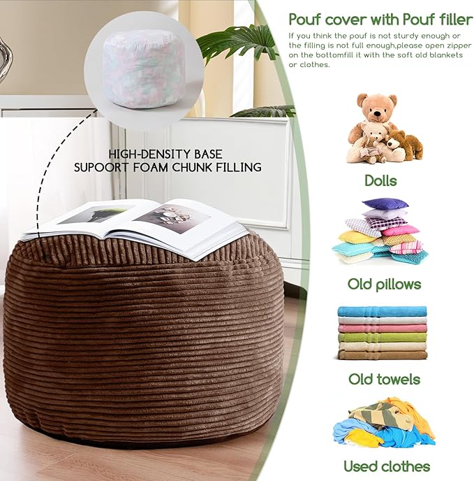 HIGOGOGO Round Stuffed Pouf Ottoman, Corduroy Poufs
