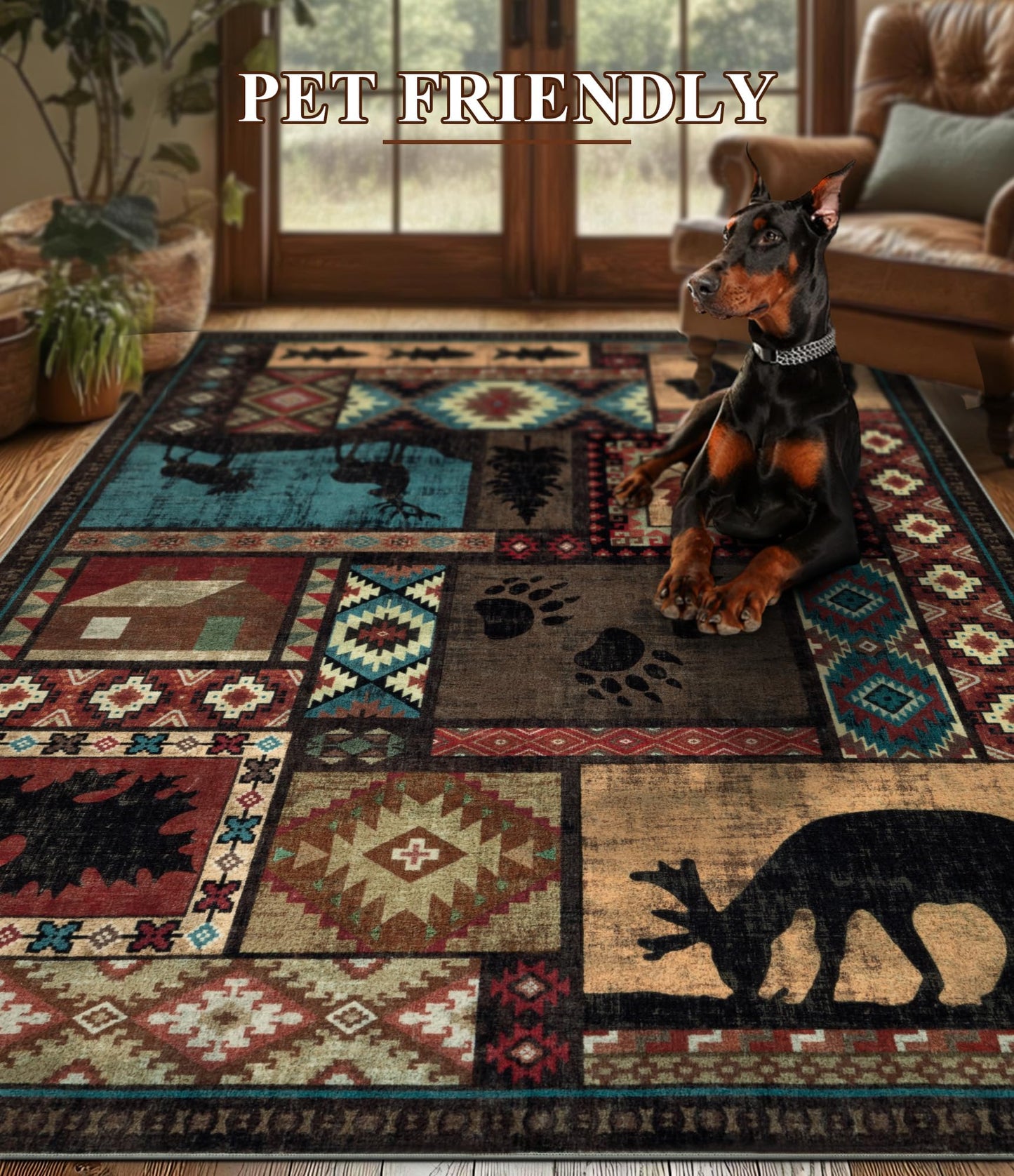 YIHOUSE Rustic Cabin Area Rug 5x7,Machine Washable Lodge Bear Rug,Non-Slip Low Pile Print Pattern Southwestern Rug for Living Room Bedroom
