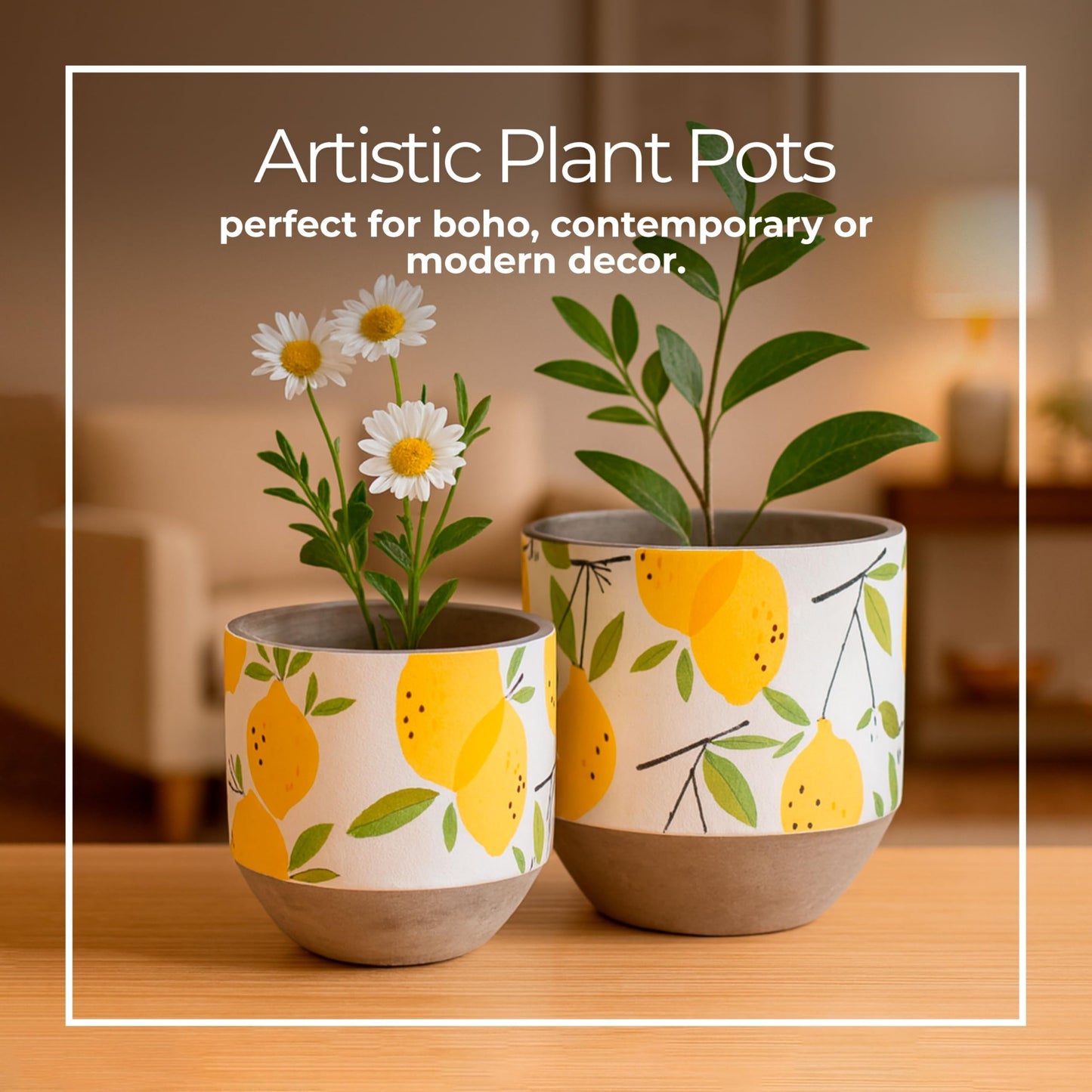 Sagebrook Home Set of 2 Decorative Cement Planters with Drainage Hole - Modern Lemon Print - Indoor/Outdoor Use - 7", 6" Yellow, White, Gray