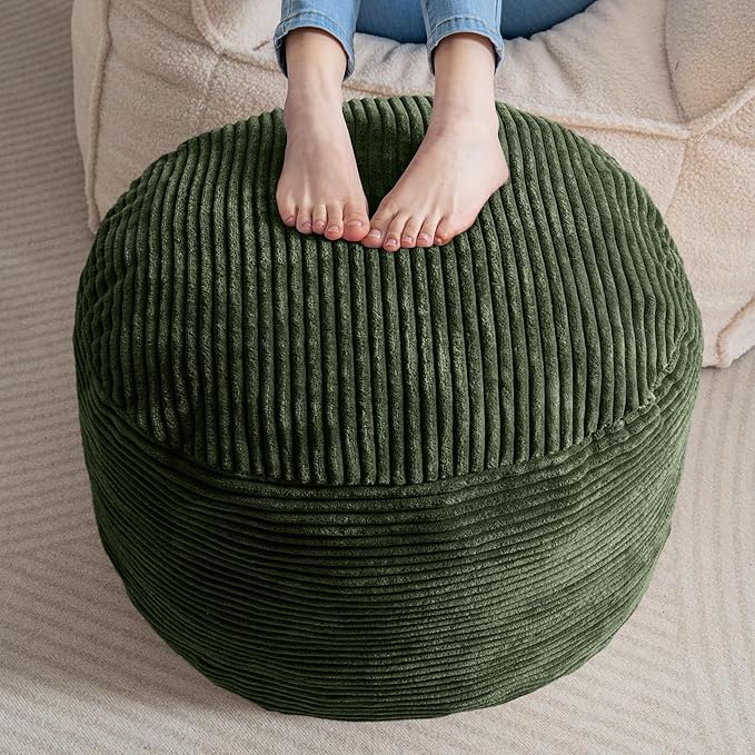 HIGOGOGO Round Stuffed Pouf Ottoman, Corduroy Poufs