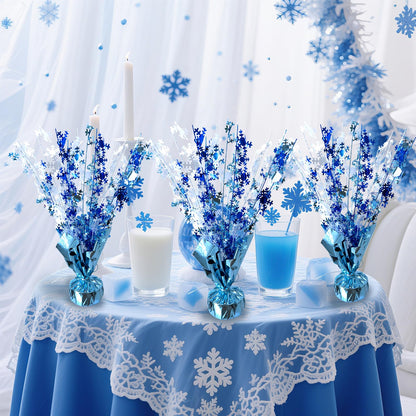 FUBININA 6 Pack Winter Wonderland Snowflake Table Decoration Metallic Blue White Glitter Foil Spray Tabletop Centerpieces for Winter Christmas Xmas Frozen Birthday Wedding Baby Party Supplies Decor