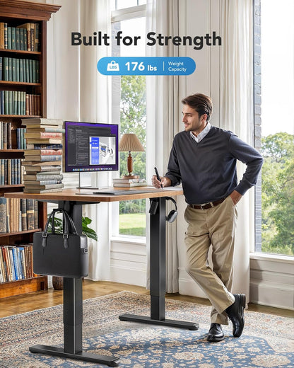 HUANUO 55 x 24 inch Electric Standing Desk, Height Adjustable Table with Headphone Hooks & Cable Manager, Sit to Stand up Desk for Home Office, Vintage Brown