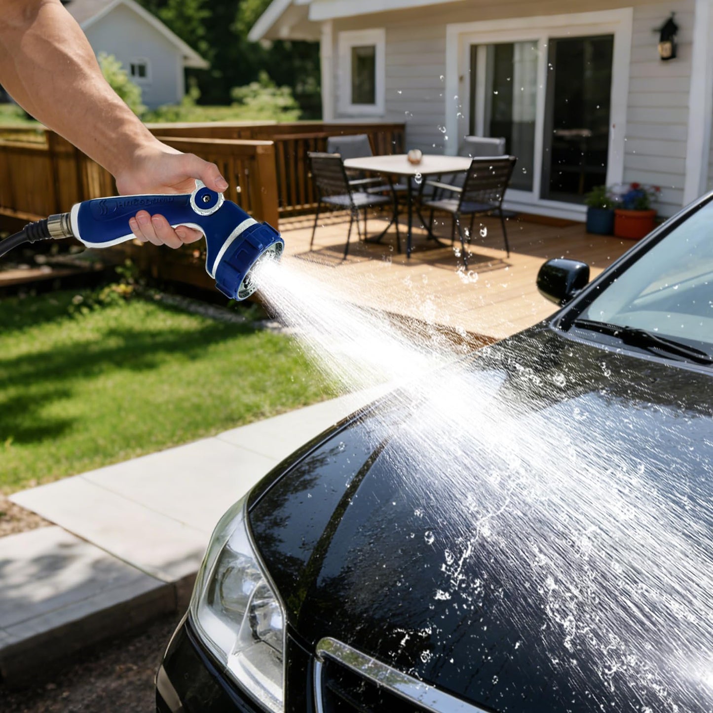 HugeDawn Garden Hose Nozzle with 7 Spray Patterns, Heavy Duty Metal Sprayer 30% Greater Water Flow for Watering, Car Wash, Outdoor Cleaning (Blue)