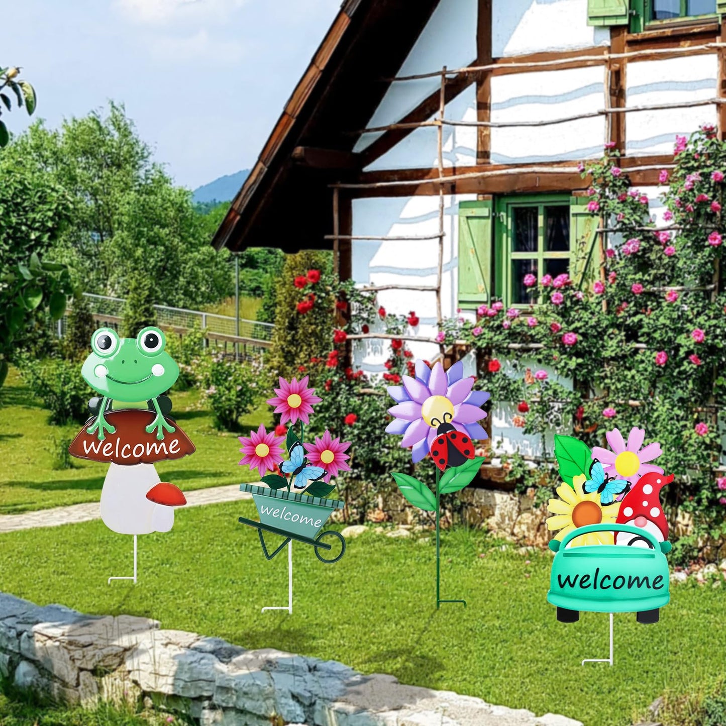 Welcome Decorative Garden Stakes, 4Pcs Flower Metal Yard Signs with Frog, Mushroom, Gnome, Butterfly and Ladybug, Garden Stakes for Spring Decor,Outdoor Lawn Yard Art Gift for Mom