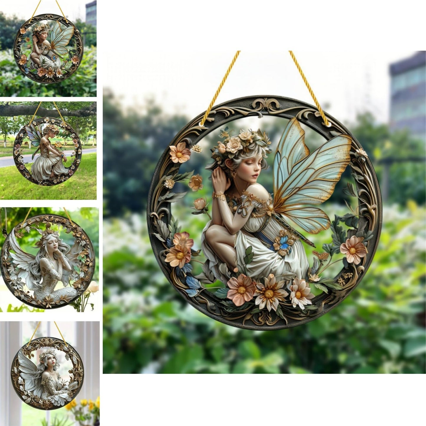 VTYFRY Flower Fairy Garden Decorations Angel Wing Christmas Halloween Deco Statue Art Elf Sculpture Hanging Craft for Outdoor Yard Courtyard Lawn Patio Window Acrylic Ornament Home Gift (A,L: 8*8 IN)