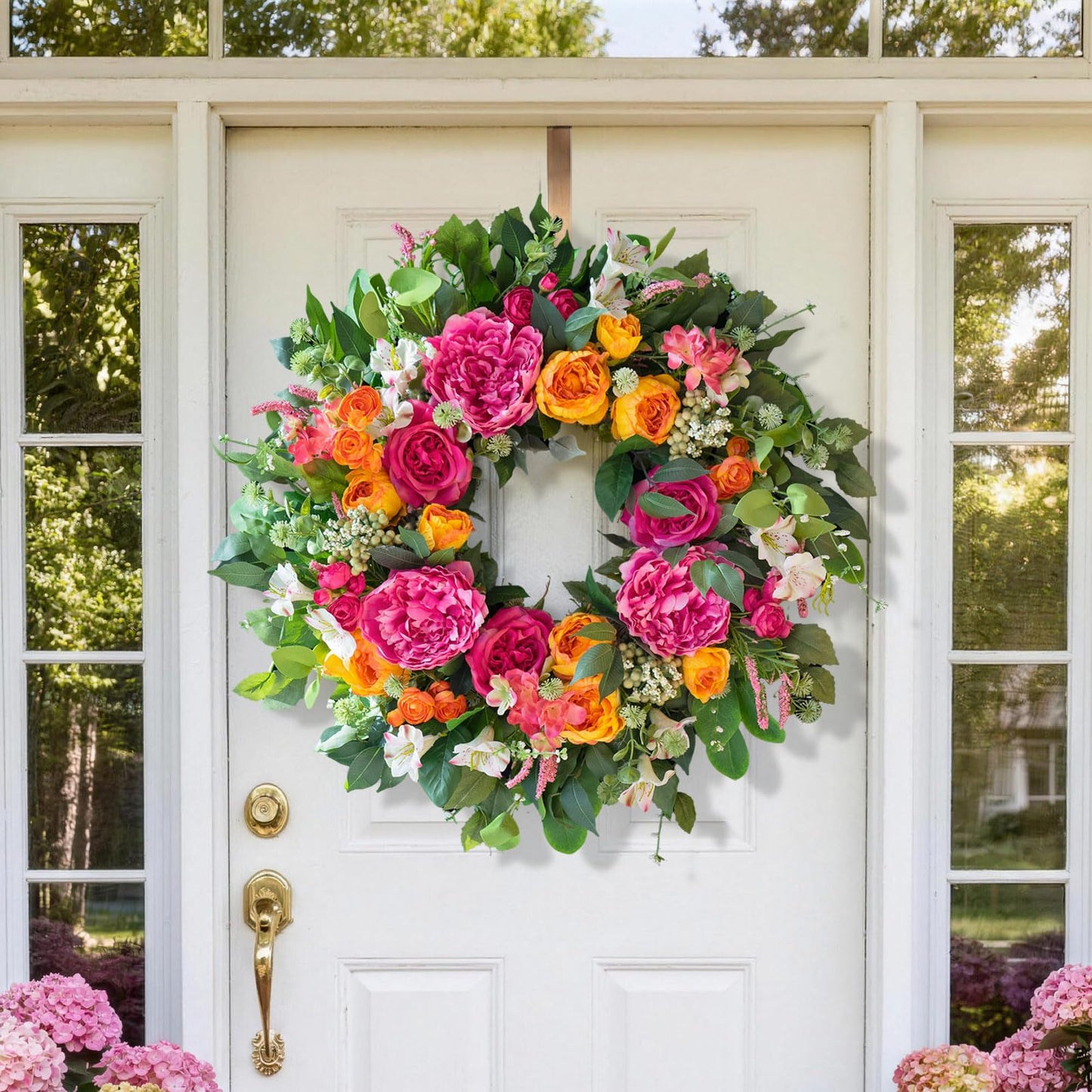CHvista 24 Inch Spring Wreaths for Front Door Outside,Handcrafted Garden Rose & Peony Style Summer Wreath with Pink,Orange Ivory Flowers- Lush Spring Door Wreath for Farmhouse Home Wall Porch Window