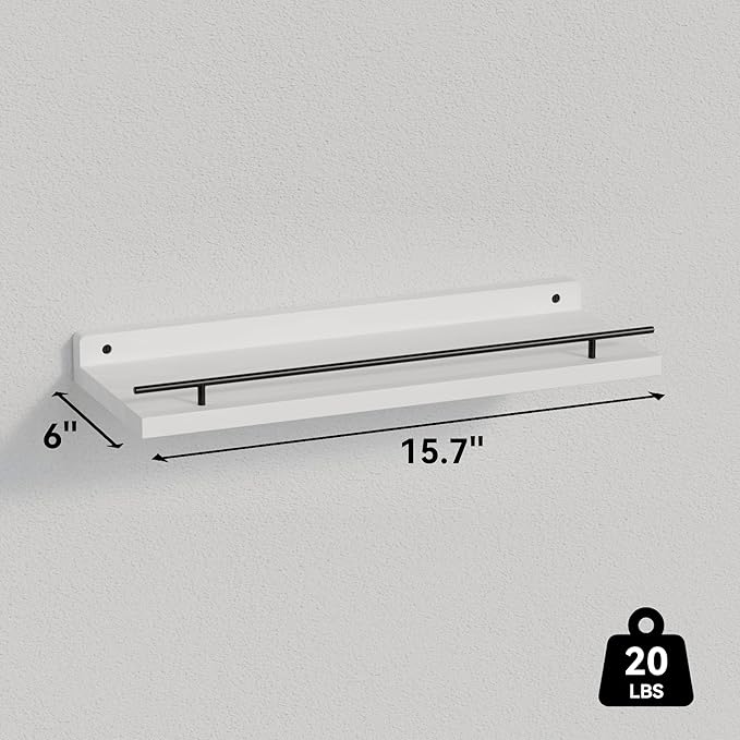 WOPITUES Floating Shelves with Black Metal Guardrail, Shelves