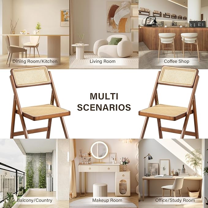 Furlide Rattan Folding Chairs, Modern Mid Century Dining Chairs Set of 2