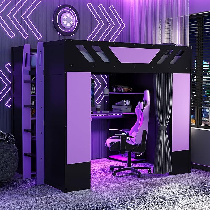 Full Size Wood Loft Bed with Built-in Workstation, Smart Storage, RGB Lighting
